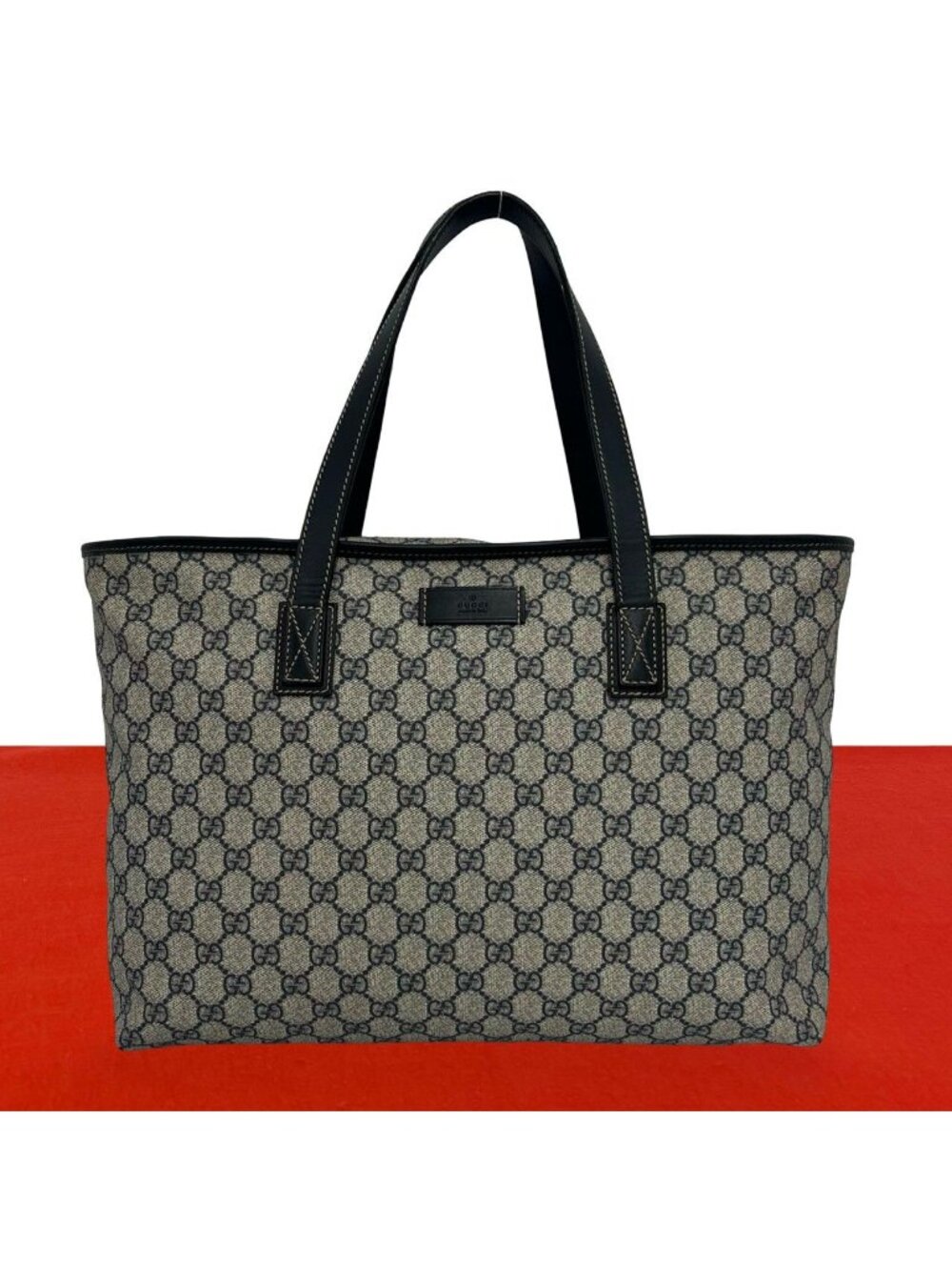 Gucci GG Supreme Logo Leather Tote Boston Bag Business Navy